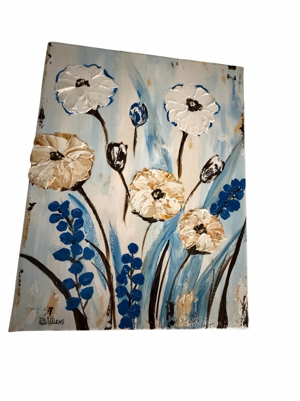 NWT Acrylic Textured Floral Canvas Painting in White, Blue & Cream 14 x 18" - Picture 4 of 14